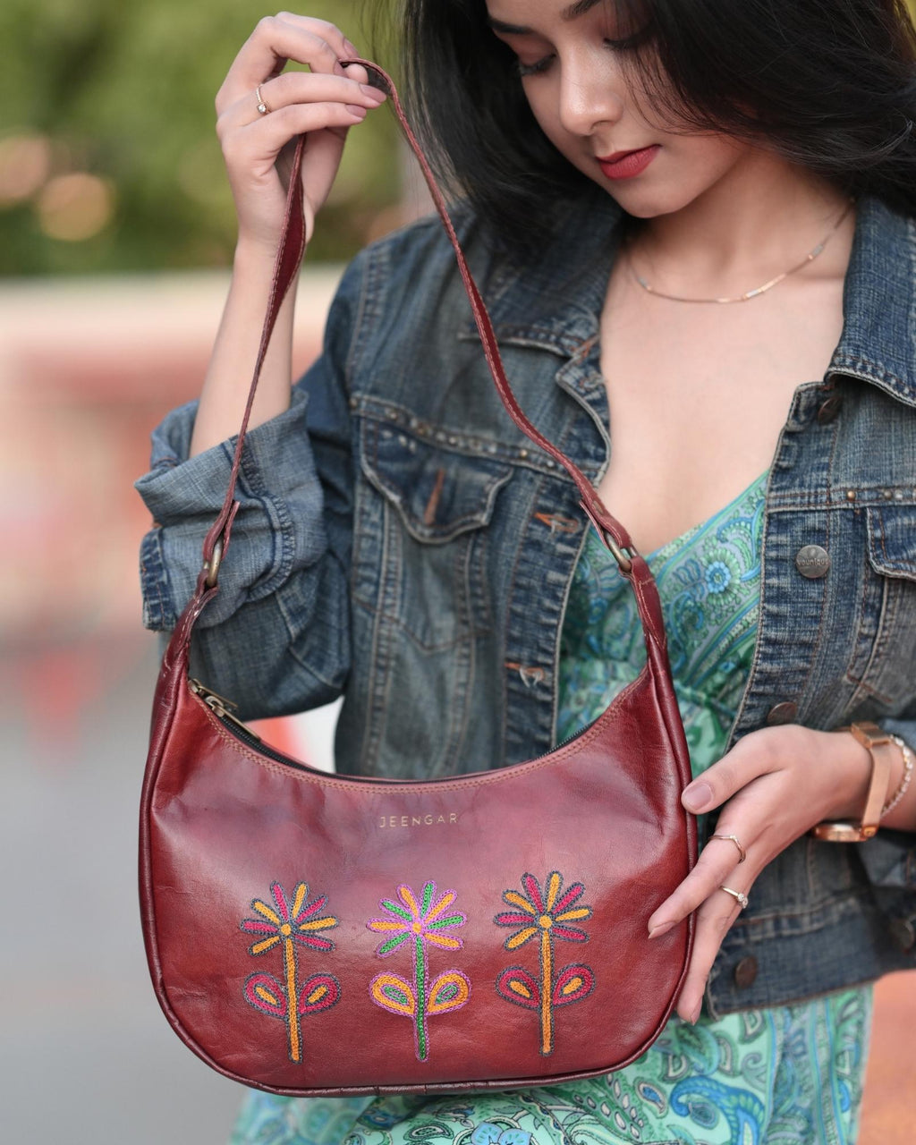 Red colour goat leather kashida shoulder bag