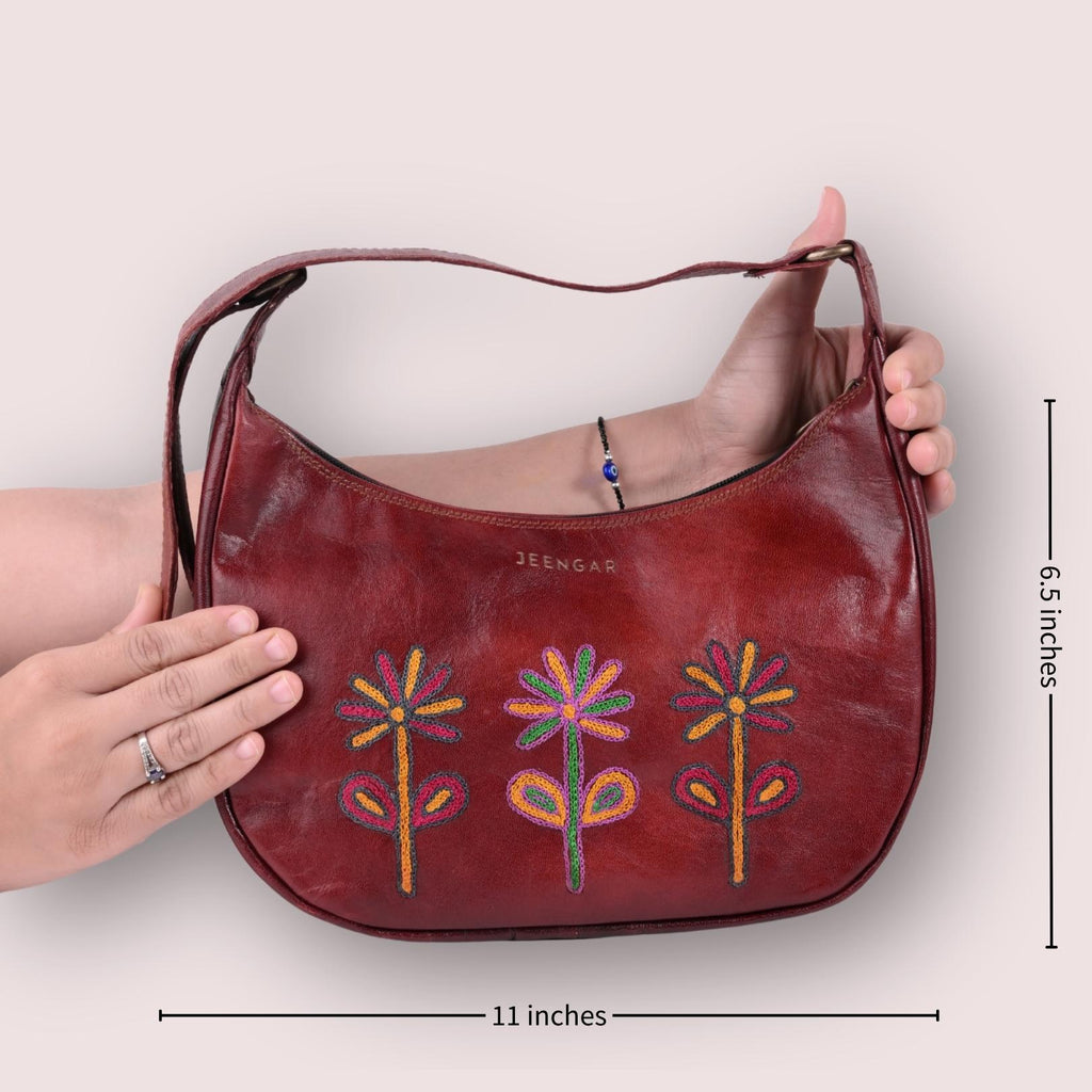 Cherry red leather shoulder bag for women with embroidery