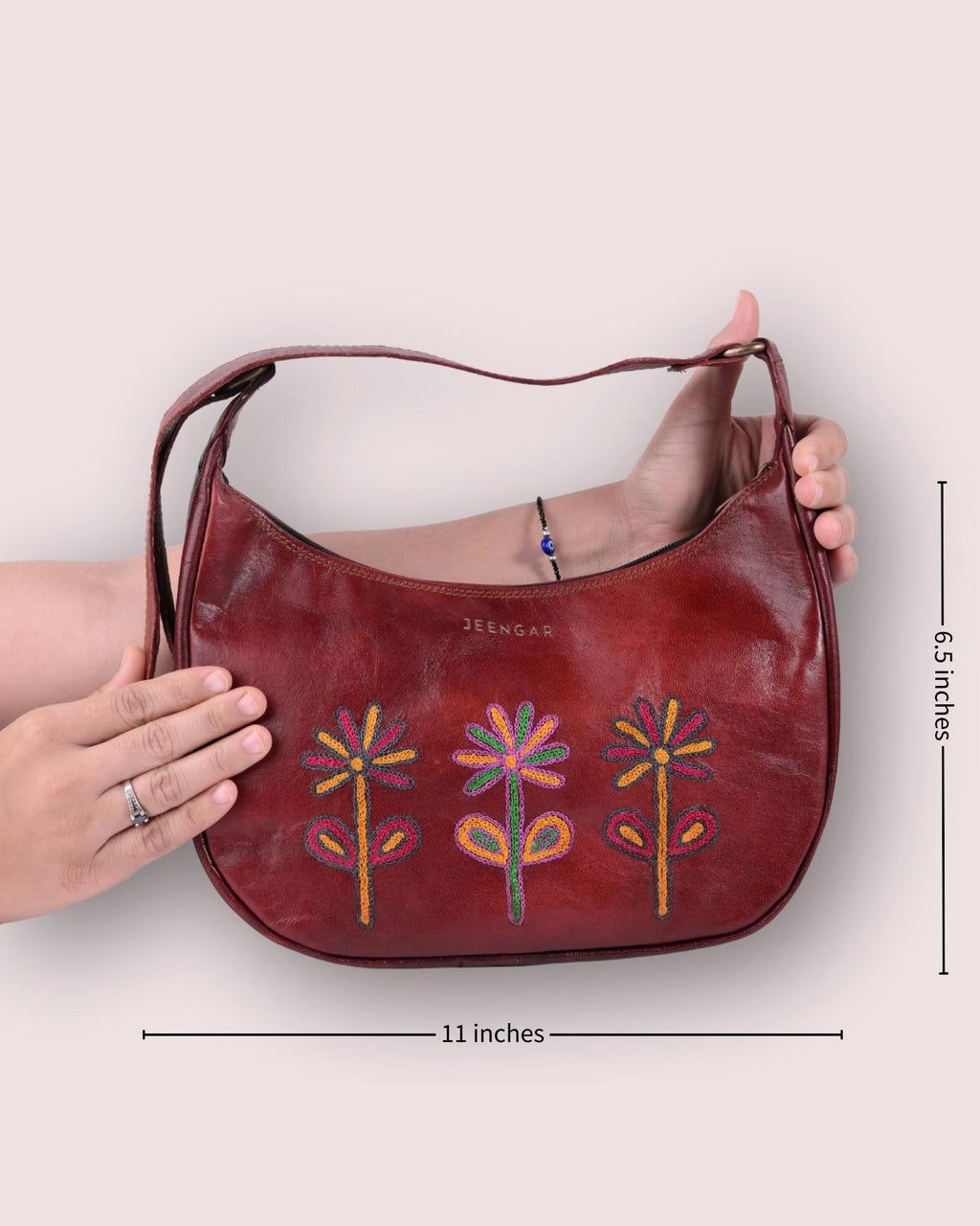 Red colour goat leather kashida shoulder bag