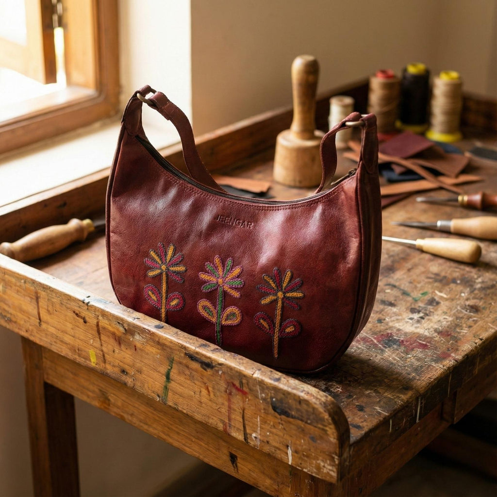 Cherry red leather shoulder bag for women with embroidery