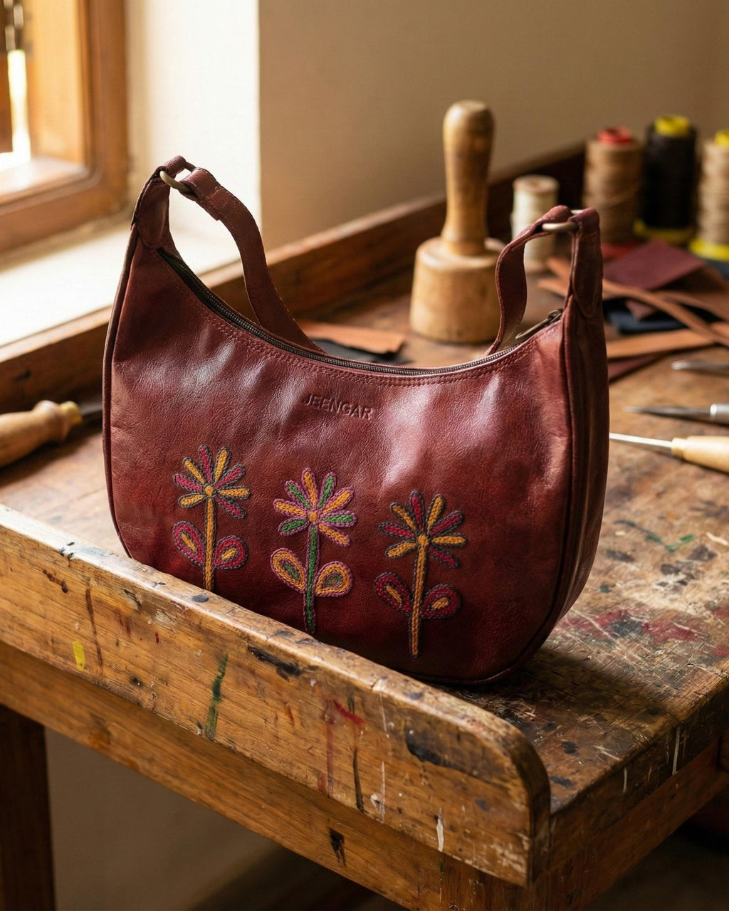 Red colour goat leather kashida shoulder bag