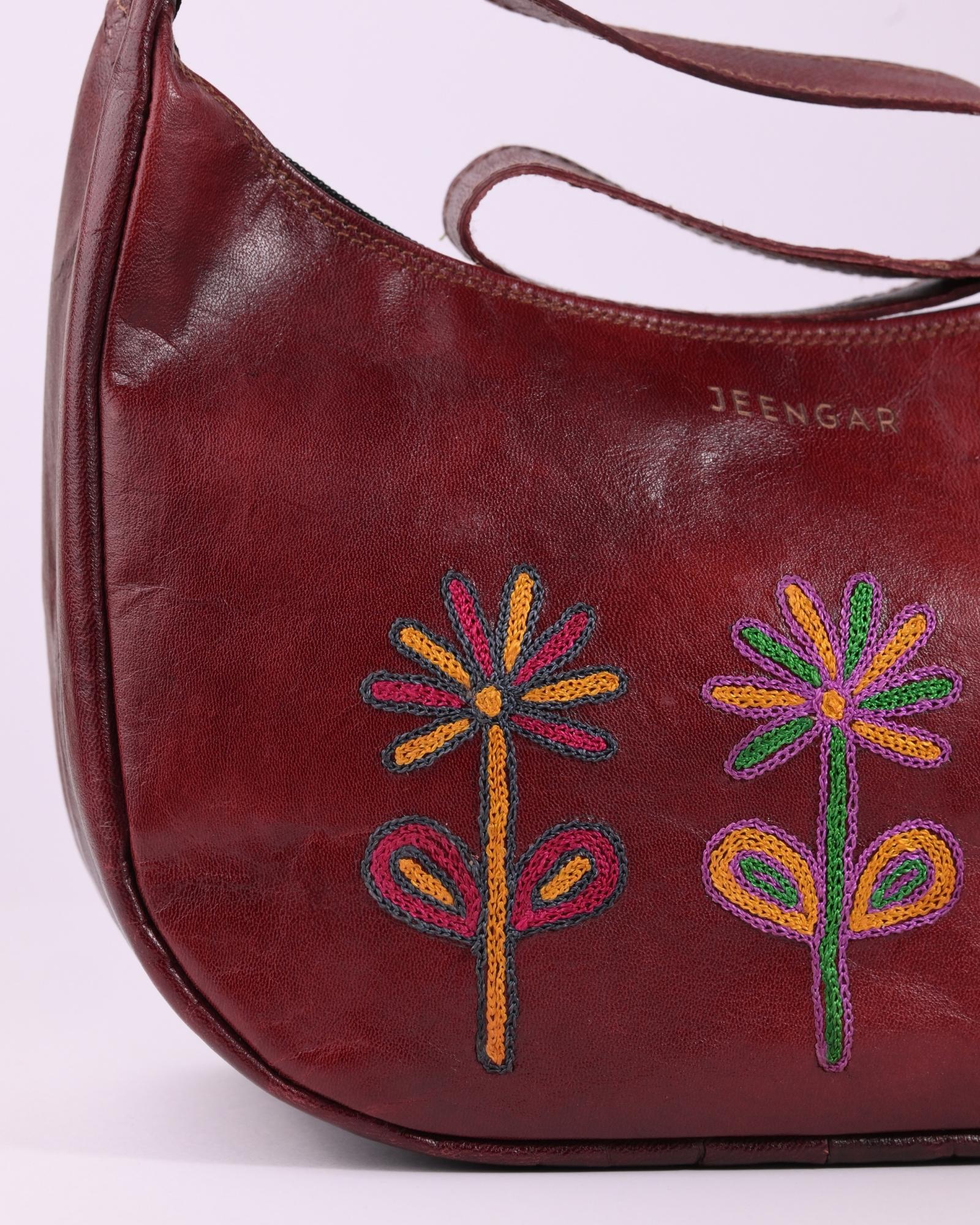 Red colour goat leather kashida shoulder bag