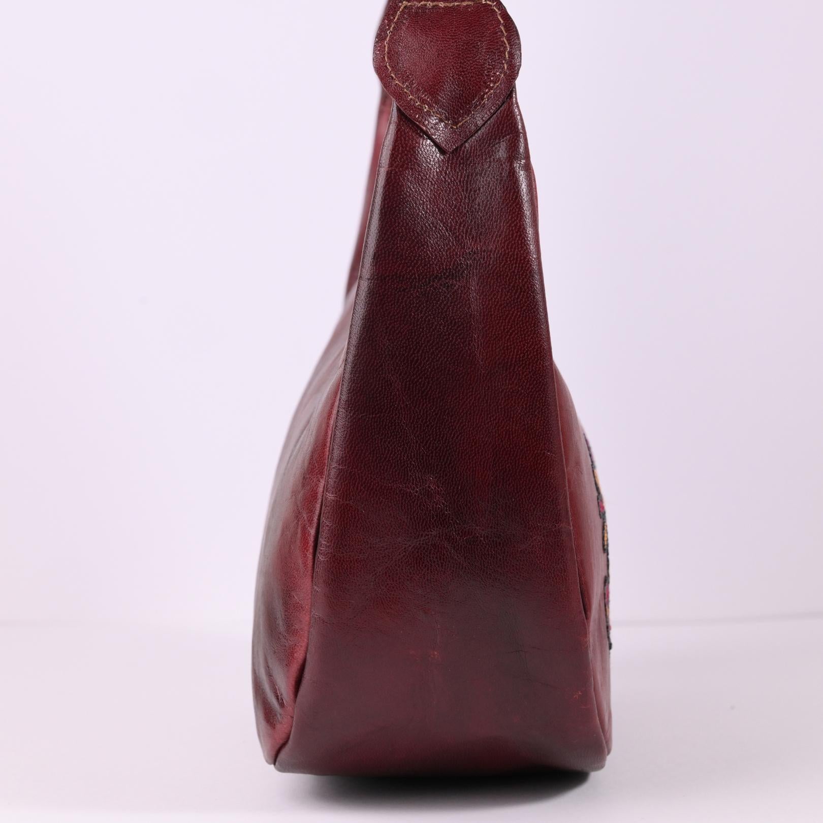 Cherry red leather shoulder bag for women with embroidery