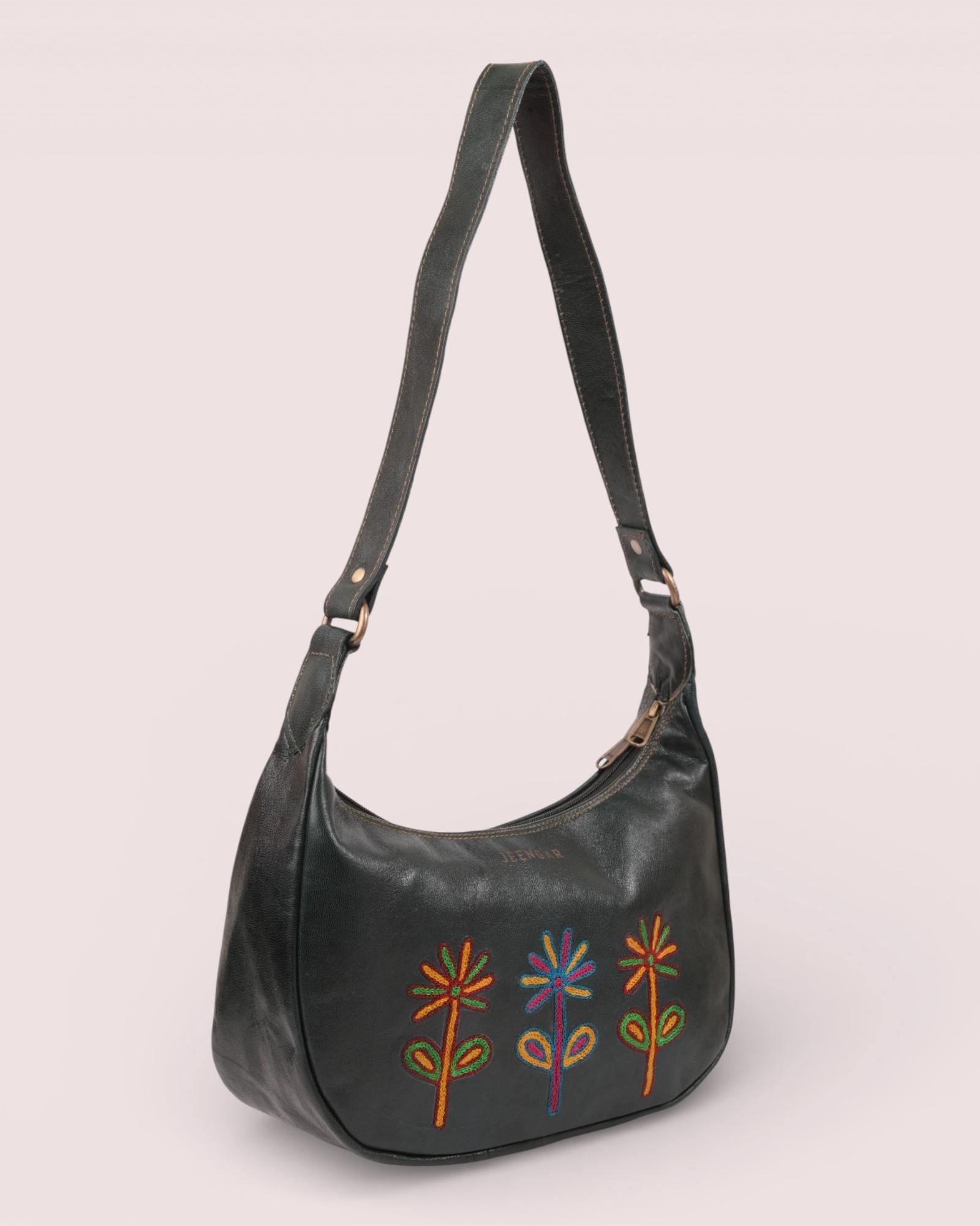 Red colour goat leather kashida shoulder bag