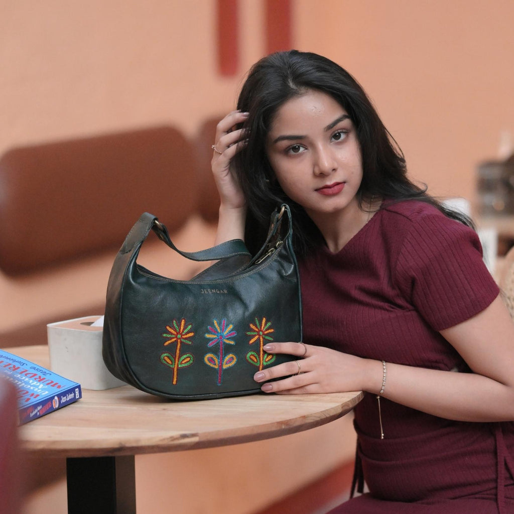 Green Dark olive leather shoulder bag with embroidery