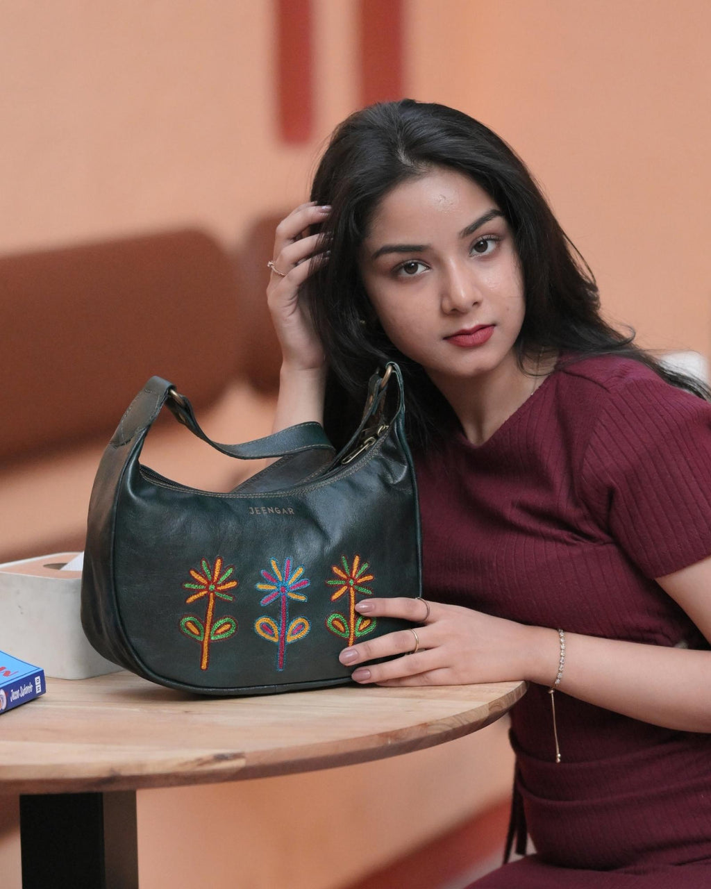 Red colour goat leather kashida shoulder bag