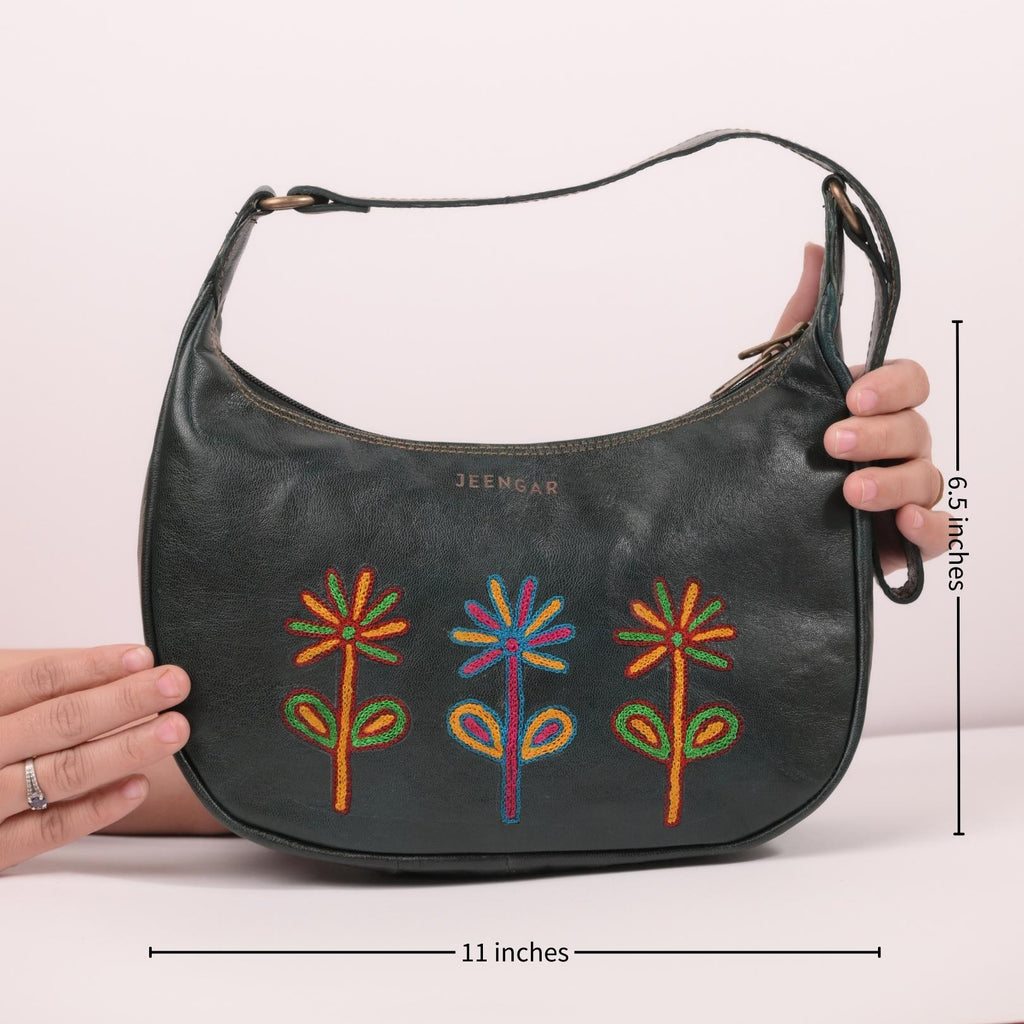 Green Dark olive leather shoulder bag with embroidery