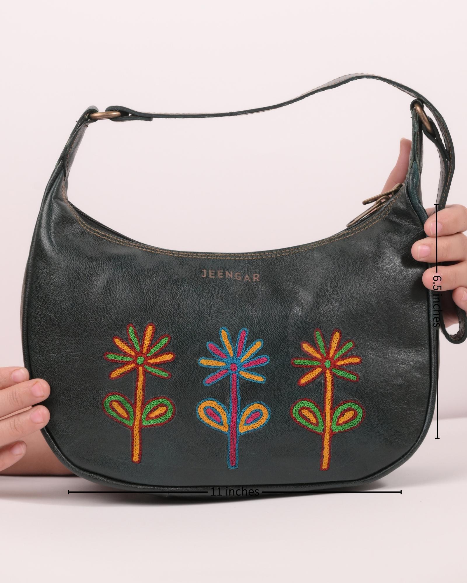 Red colour goat leather kashida shoulder bag