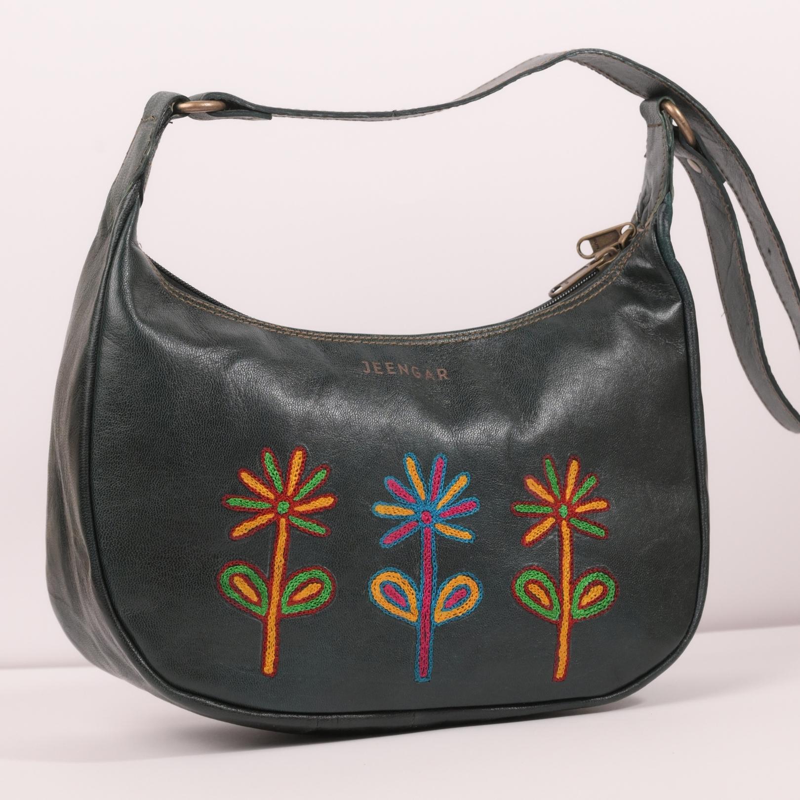 Green Dark olive leather shoulder bag with embroidery