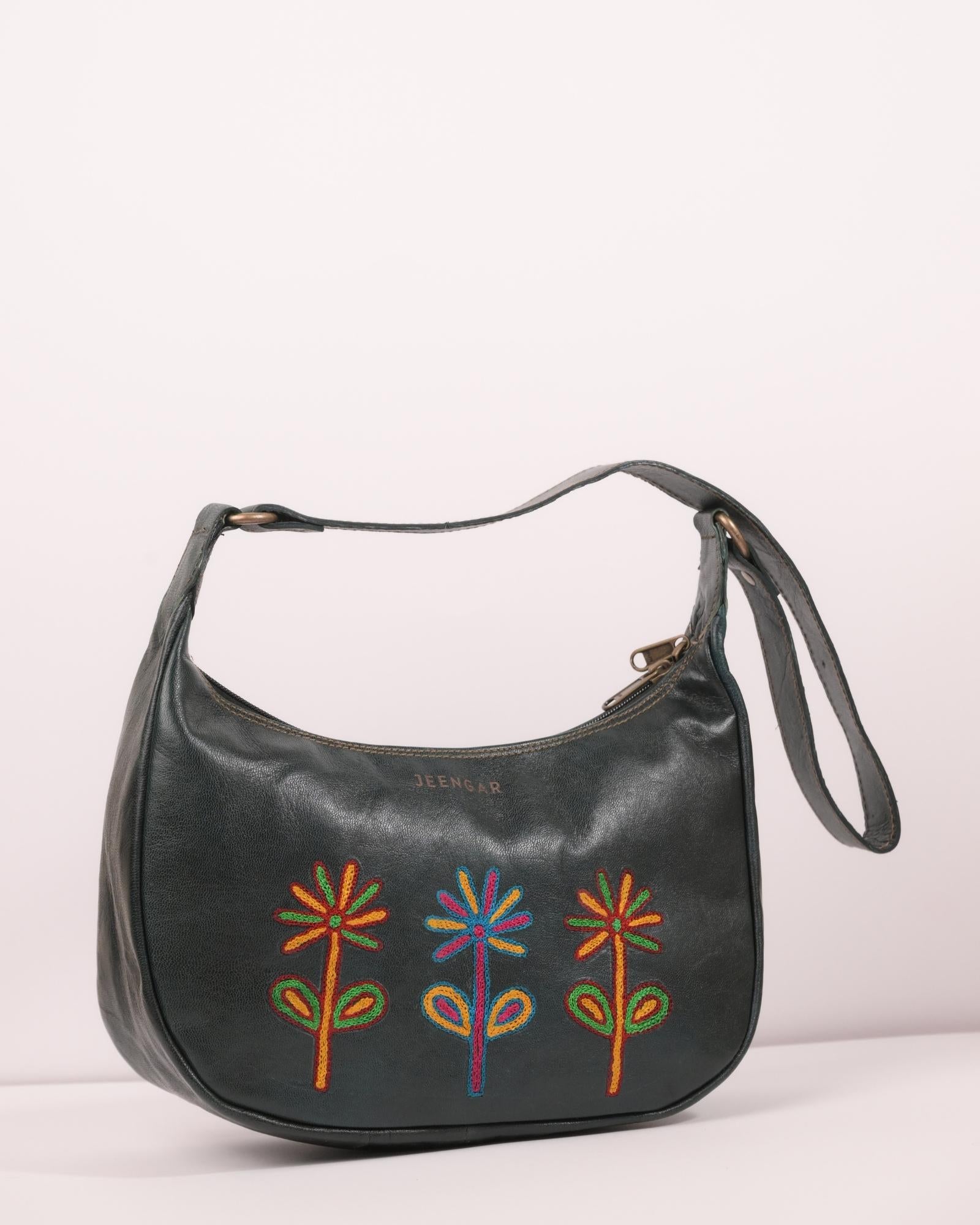 Red colour goat leather kashida shoulder bag