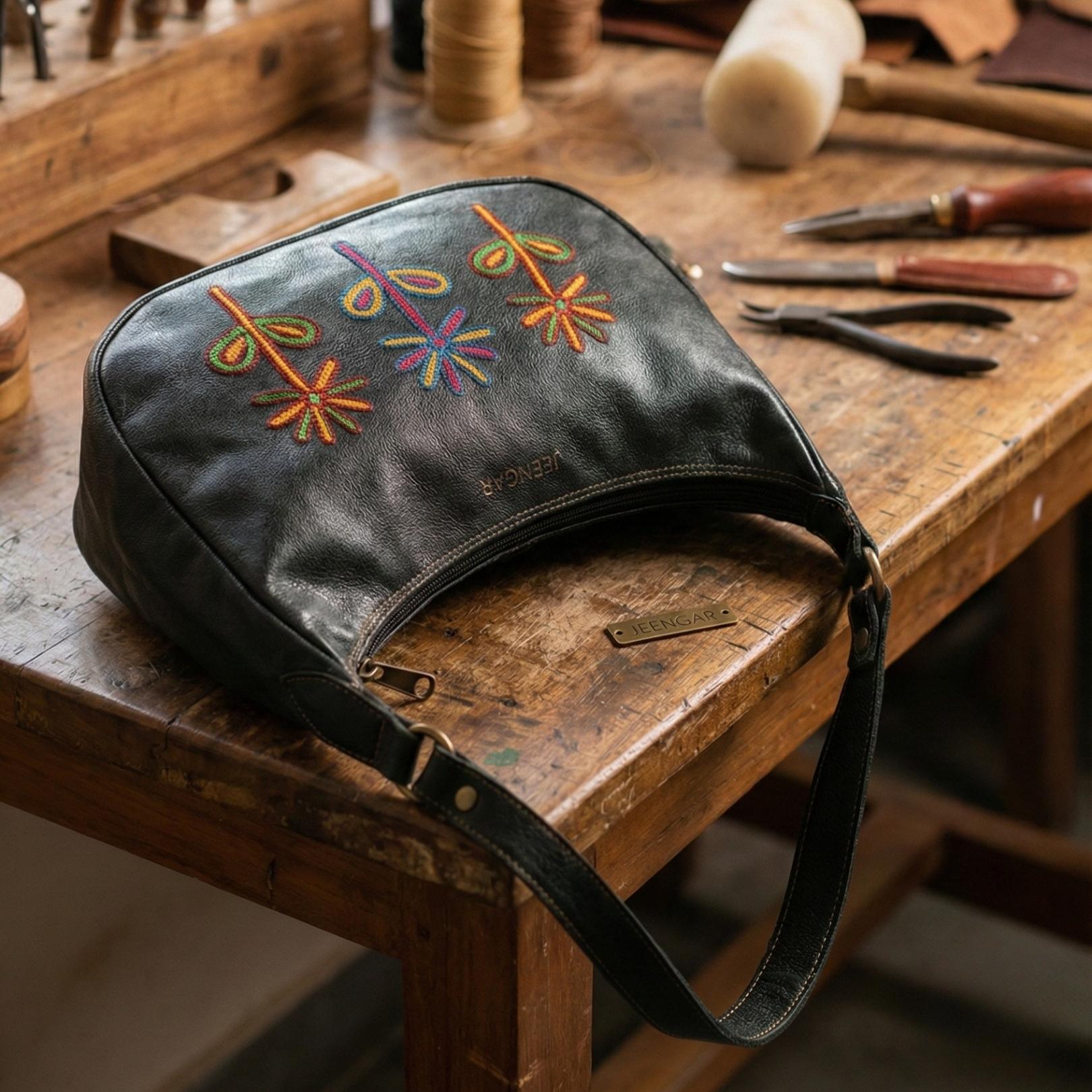 Green Dark olive leather shoulder bag with embroidery