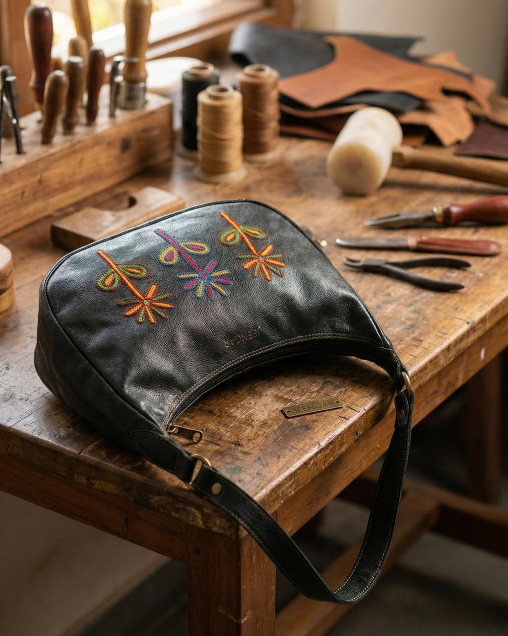 Red colour goat leather kashida shoulder bag