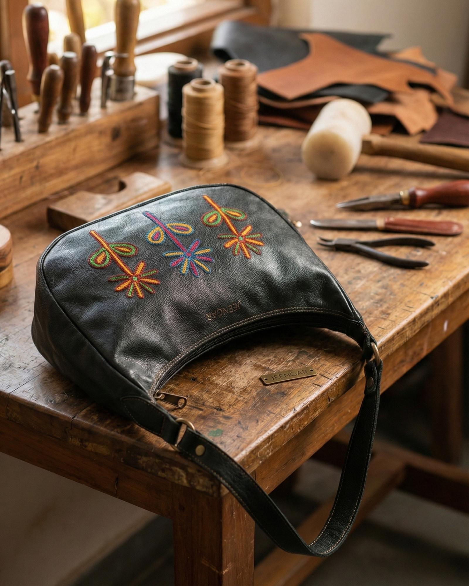 Red colour goat leather kashida shoulder bag