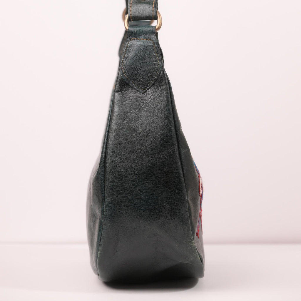 Green Dark olive leather shoulder bag with embroidery