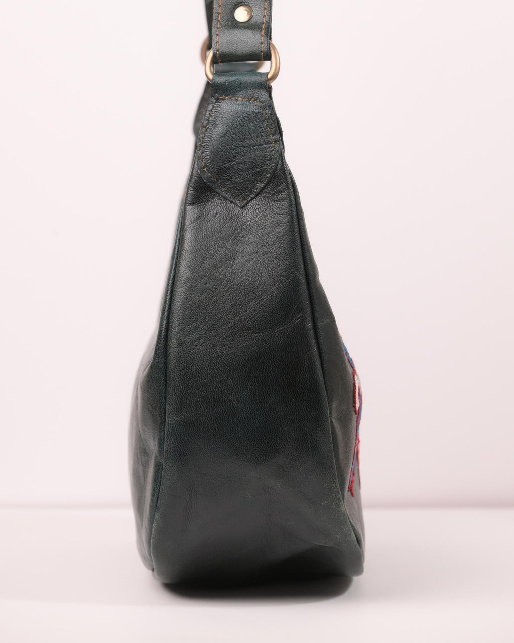 Red colour goat leather kashida shoulder bag