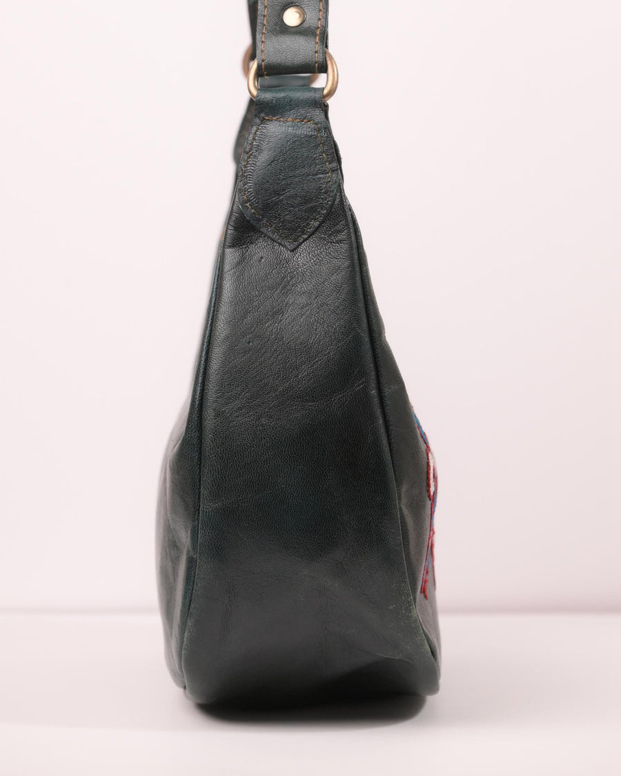 Red colour goat leather kashida shoulder bag