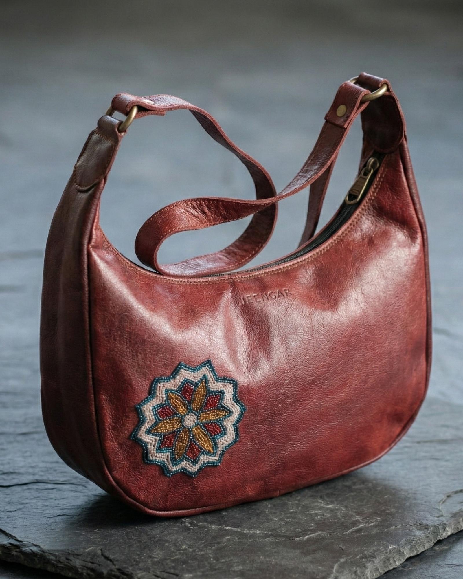Unique Real leather read cherry color shoulder bag with Rajasthani mandala embroidery kashida