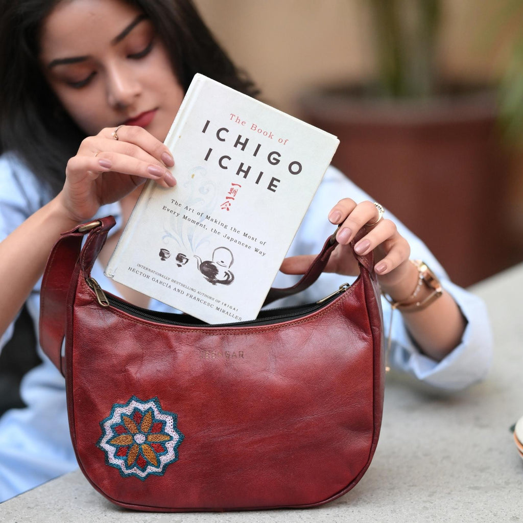 Cherry red leather shoulder bag for women with emboridery