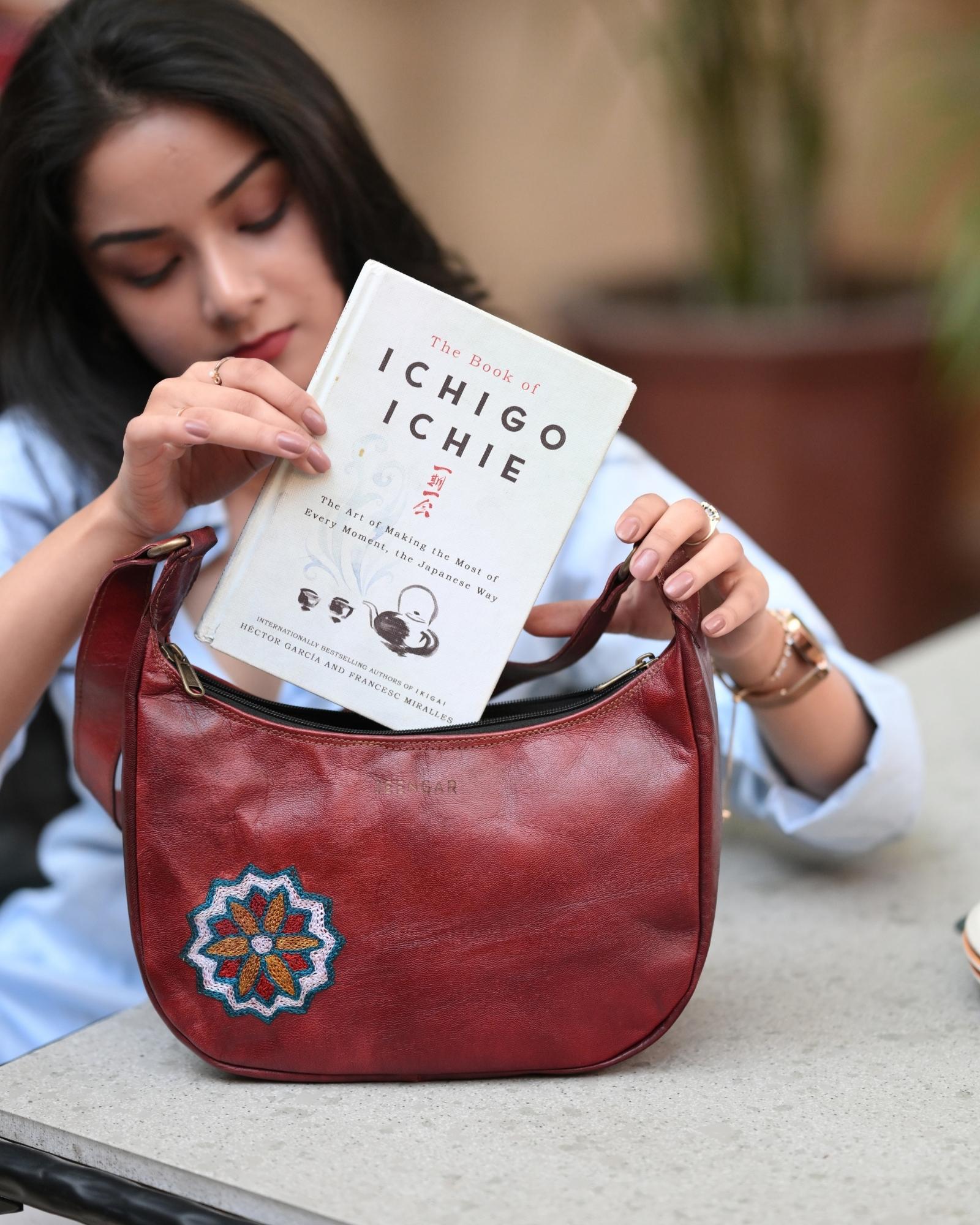 Unique Real leather read cherry color shoulder bag with Rajasthani mandala embroidery kashida