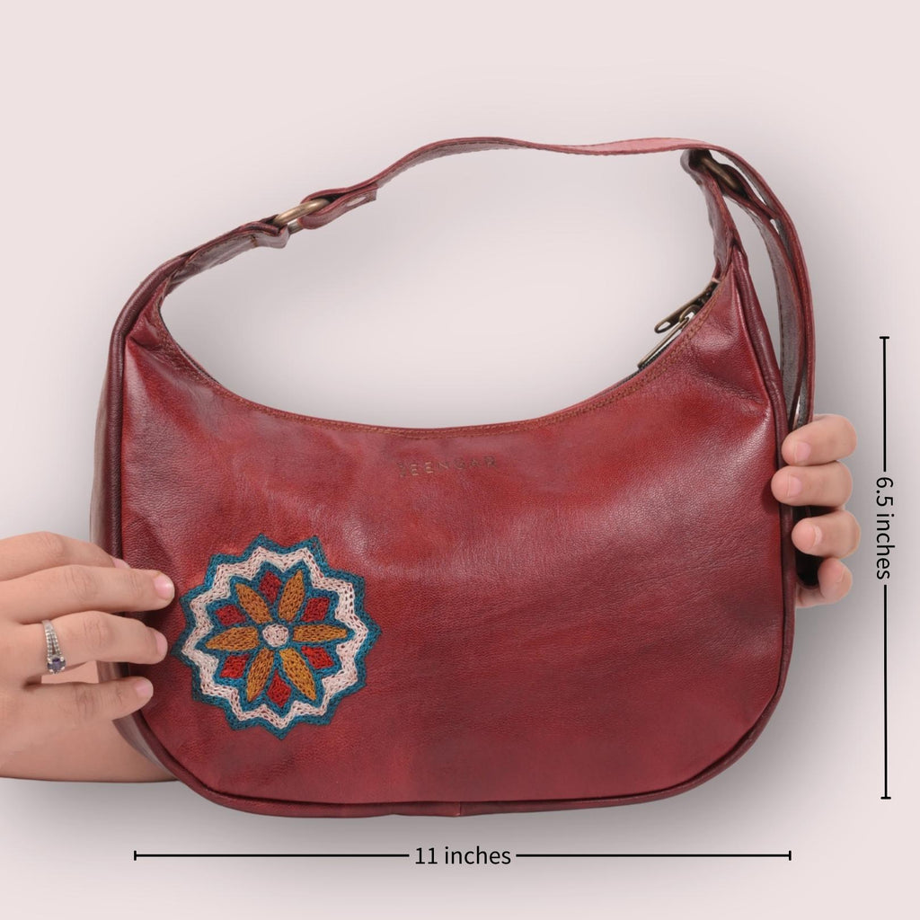 Cherry red leather shoulder bag for women with emboridery