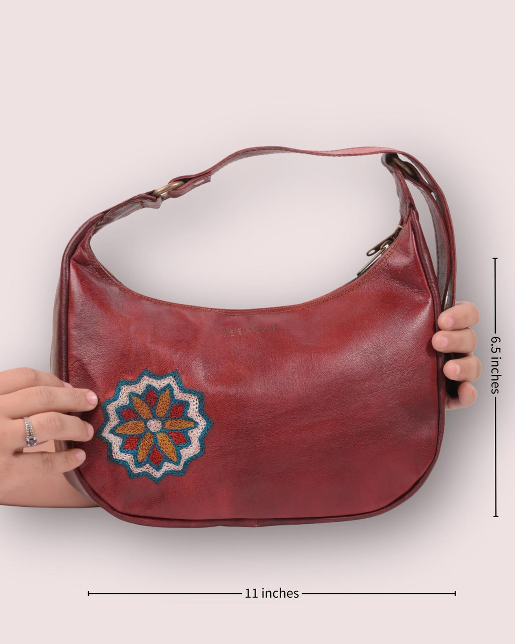 Unique Real leather read cherry color shoulder bag with Rajasthani mandala embroidery kashida