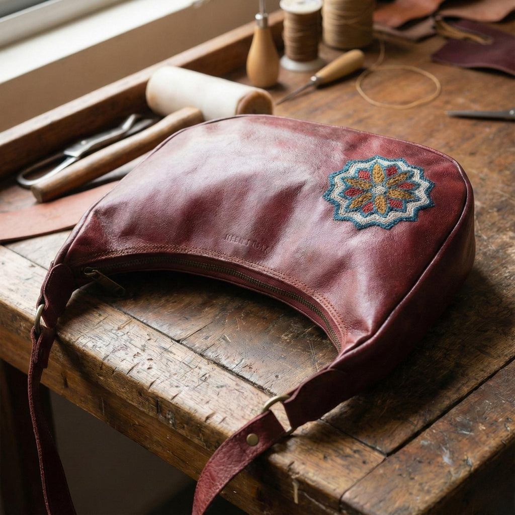 Cherry red leather shoulder bag for women with emboridery