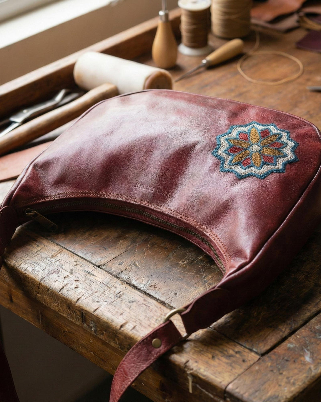 Unique Real leather read cherry color shoulder bag with Rajasthani mandala embroidery kashida