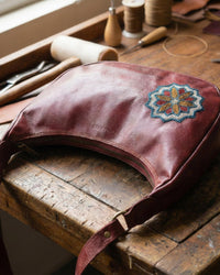 Unique Real leather read cherry color shoulder bag with Rajasthani mandala embroidery kashida