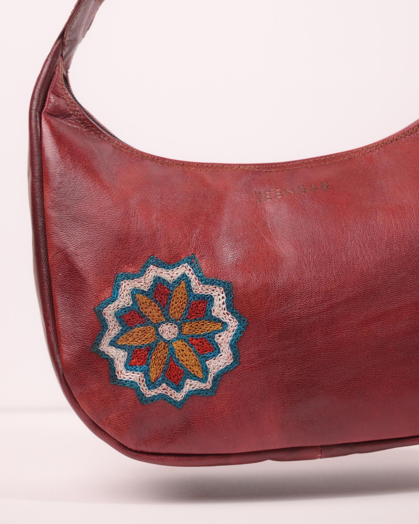 Unique Real leather read cherry color shoulder bag with Rajasthani mandala embroidery kashida