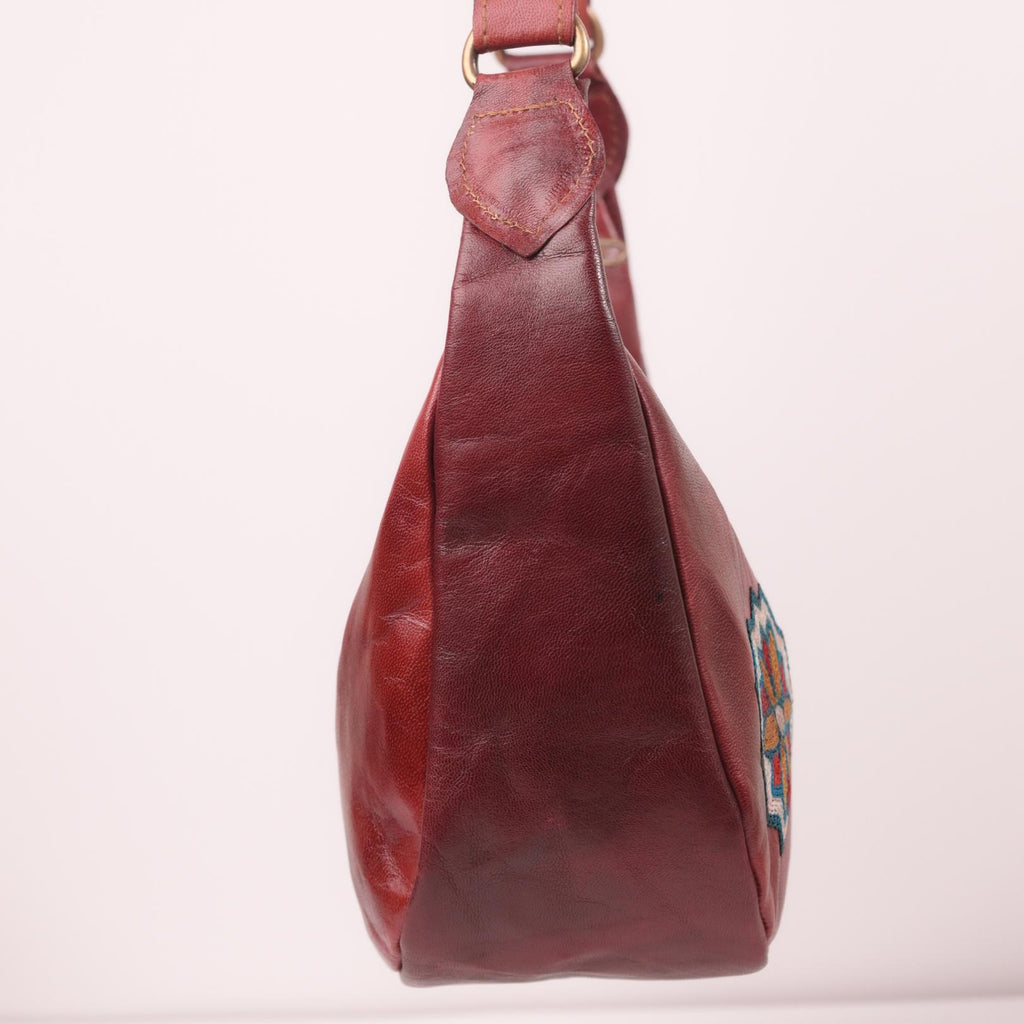 Cherry red leather shoulder bag for women with emboridery
