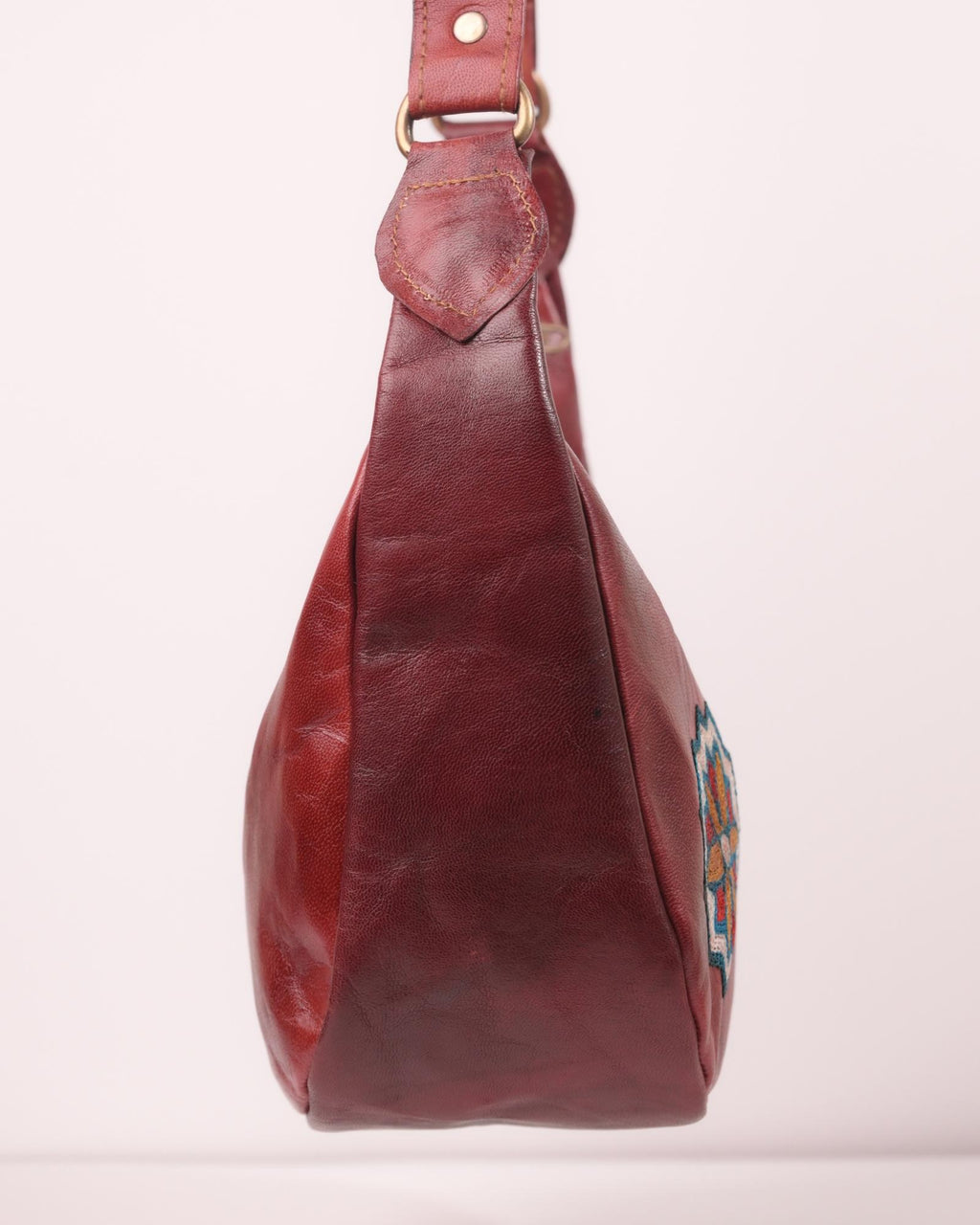Unique Real leather read cherry color shoulder bag with Rajasthani mandala embroidery kashida