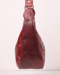 Unique Real leather read cherry color shoulder bag with Rajasthani mandala embroidery kashida