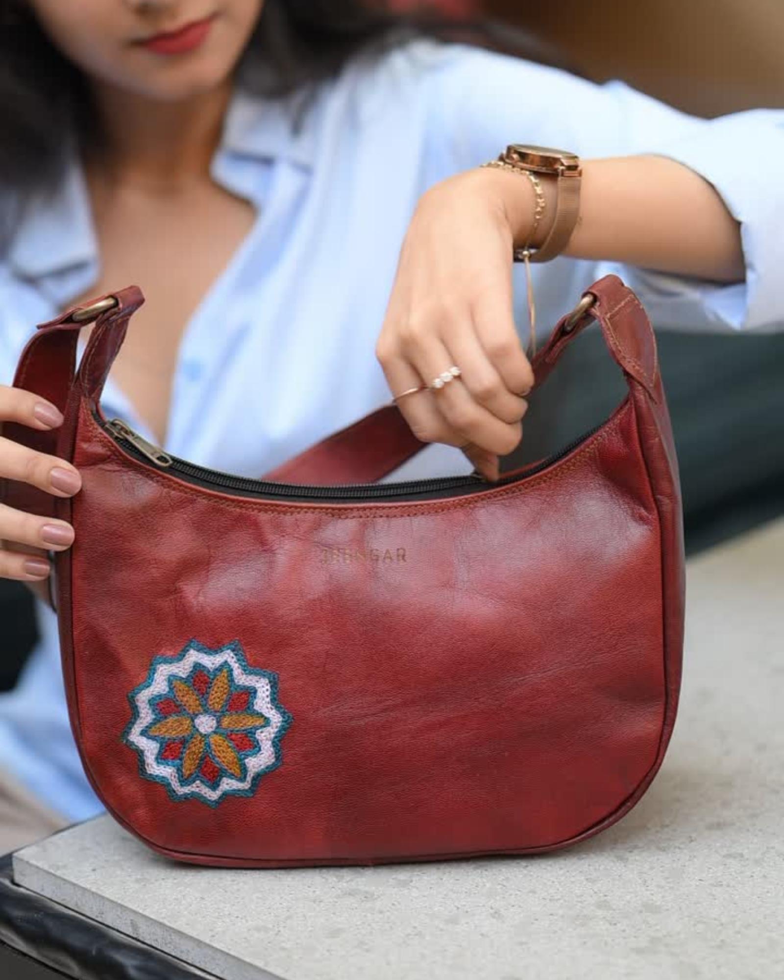 Unique Real leather read cherry color shoulder bag with Rajasthani mandala embroidery kashida