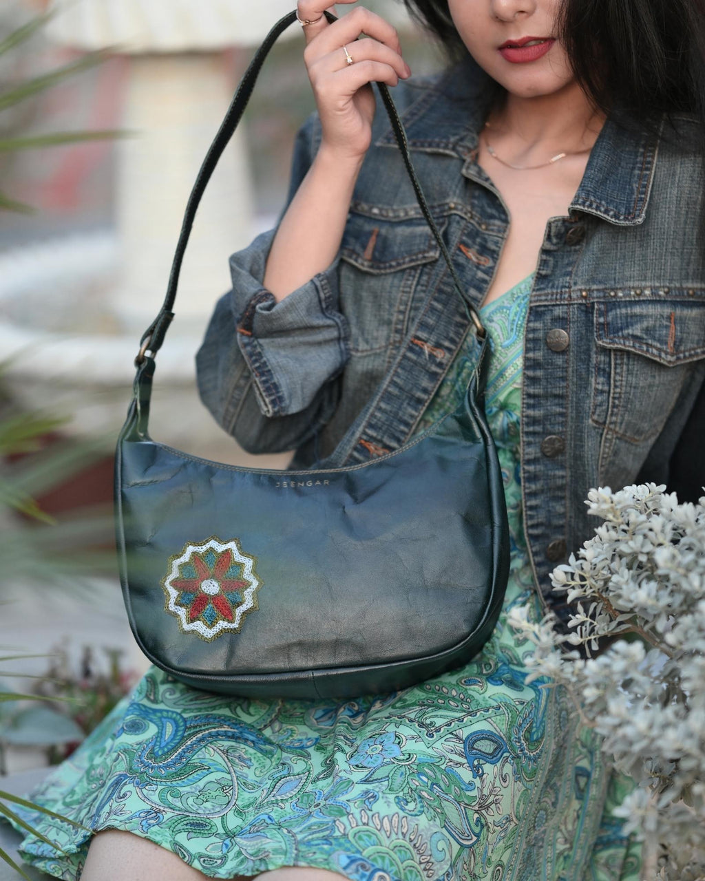 Real leather green color shoulder bag with Rajasthani mandala embroidery kashida