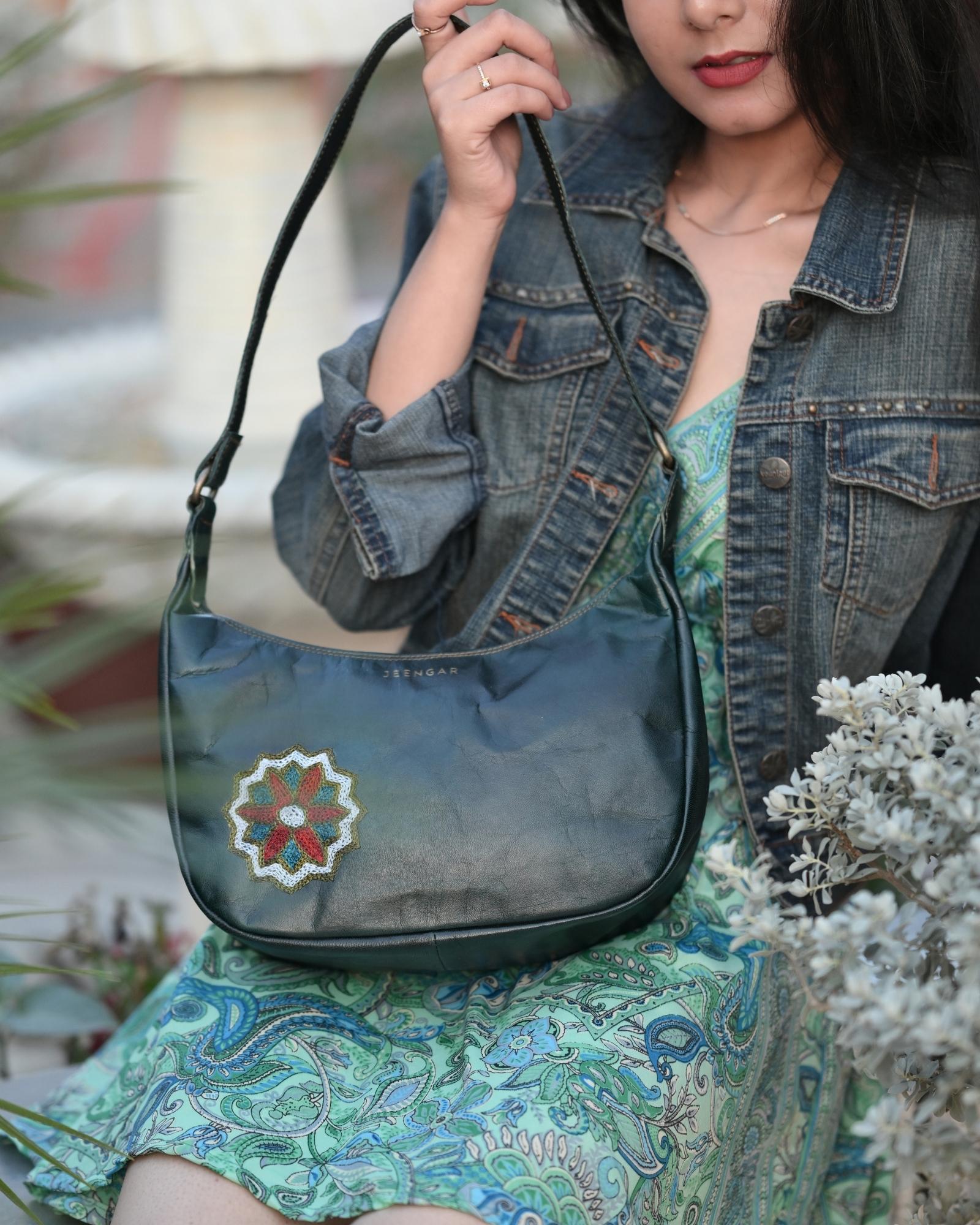Real leather green color shoulder bag with Rajasthani mandala embroidery kashida