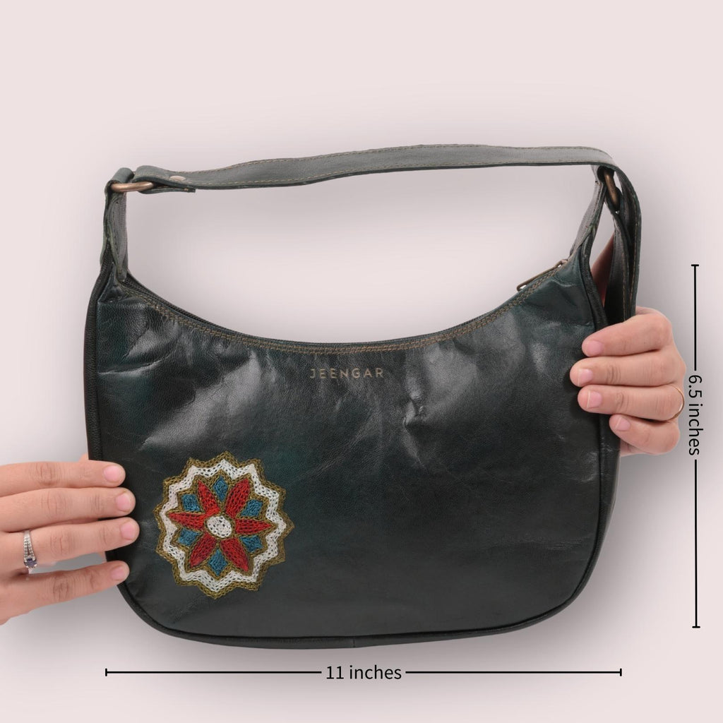 Green Dark olive leather shoulder bag with kashida