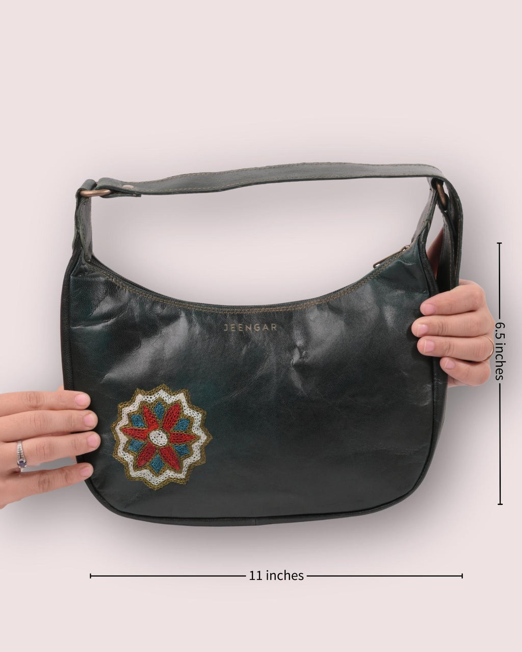 Real leather green color shoulder bag with Rajasthani mandala embroidery kashida