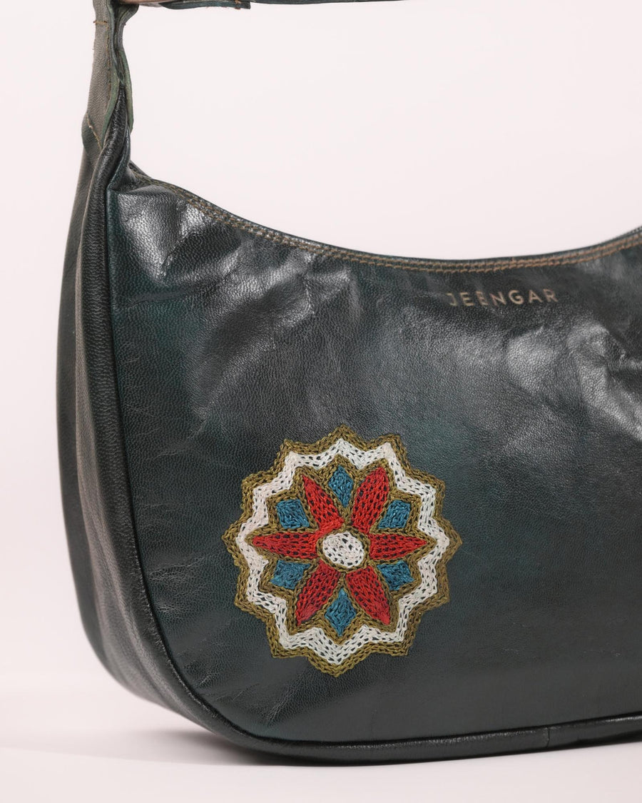Real leather green color shoulder bag with Rajasthani mandala embroidery kashida