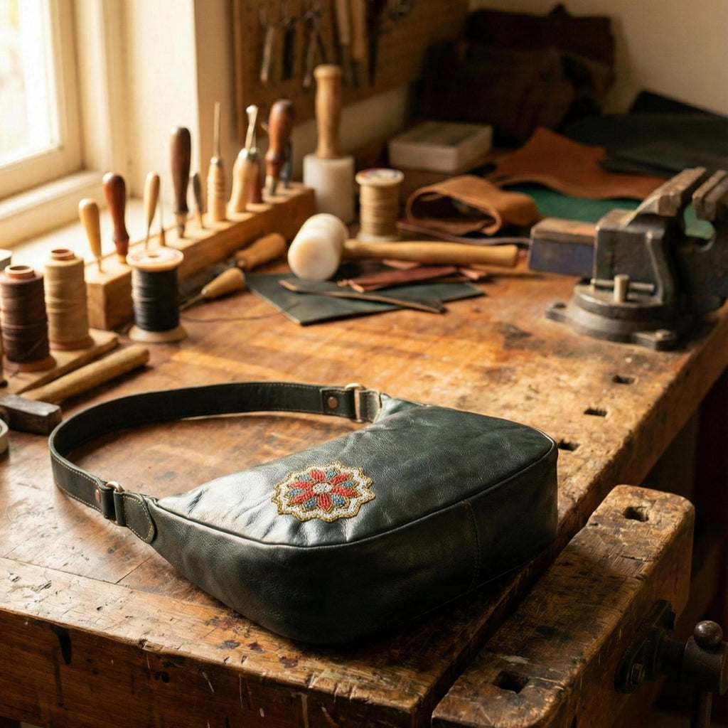 Green Dark olive leather shoulder bag with kashida