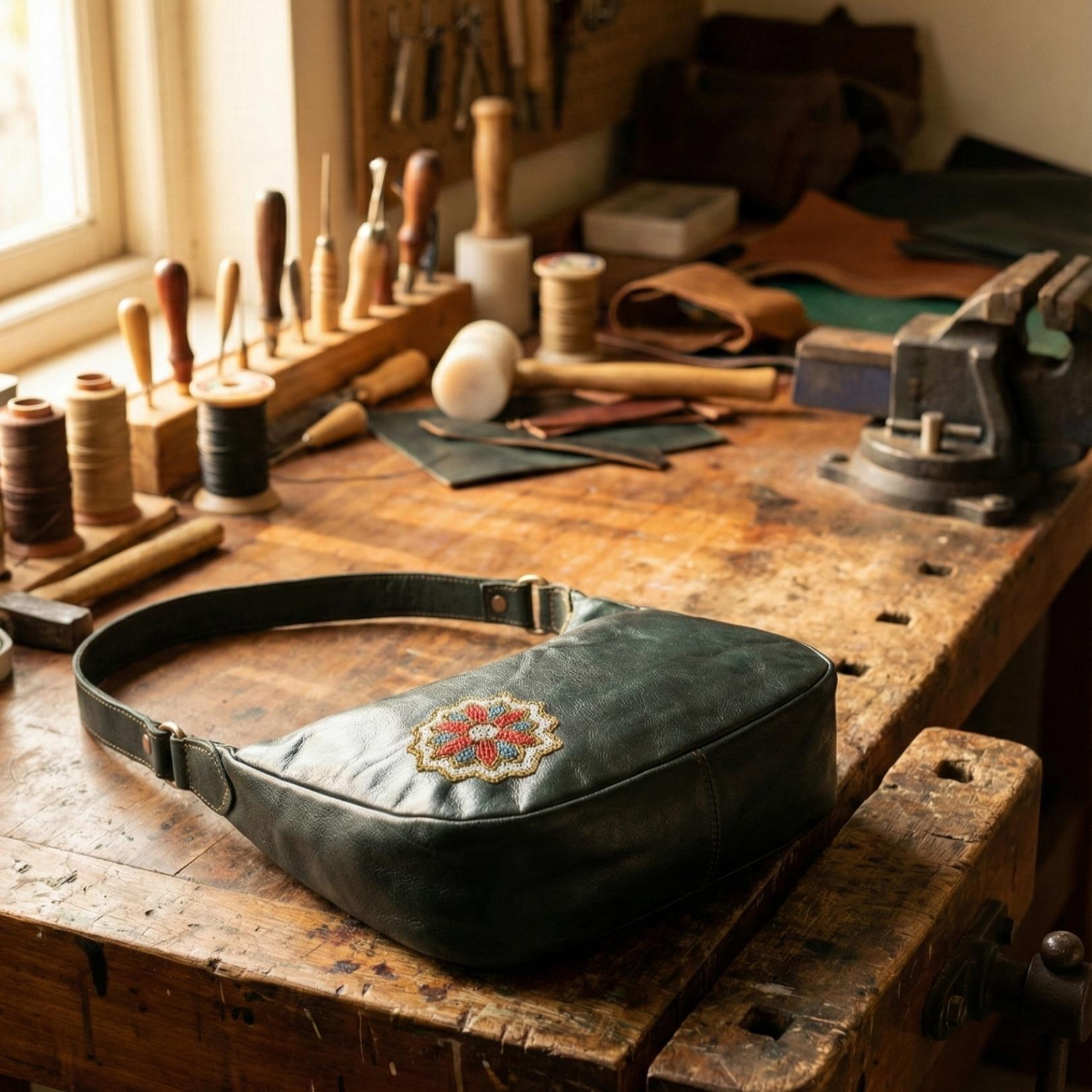 Green Dark olive leather shoulder bag with kashida