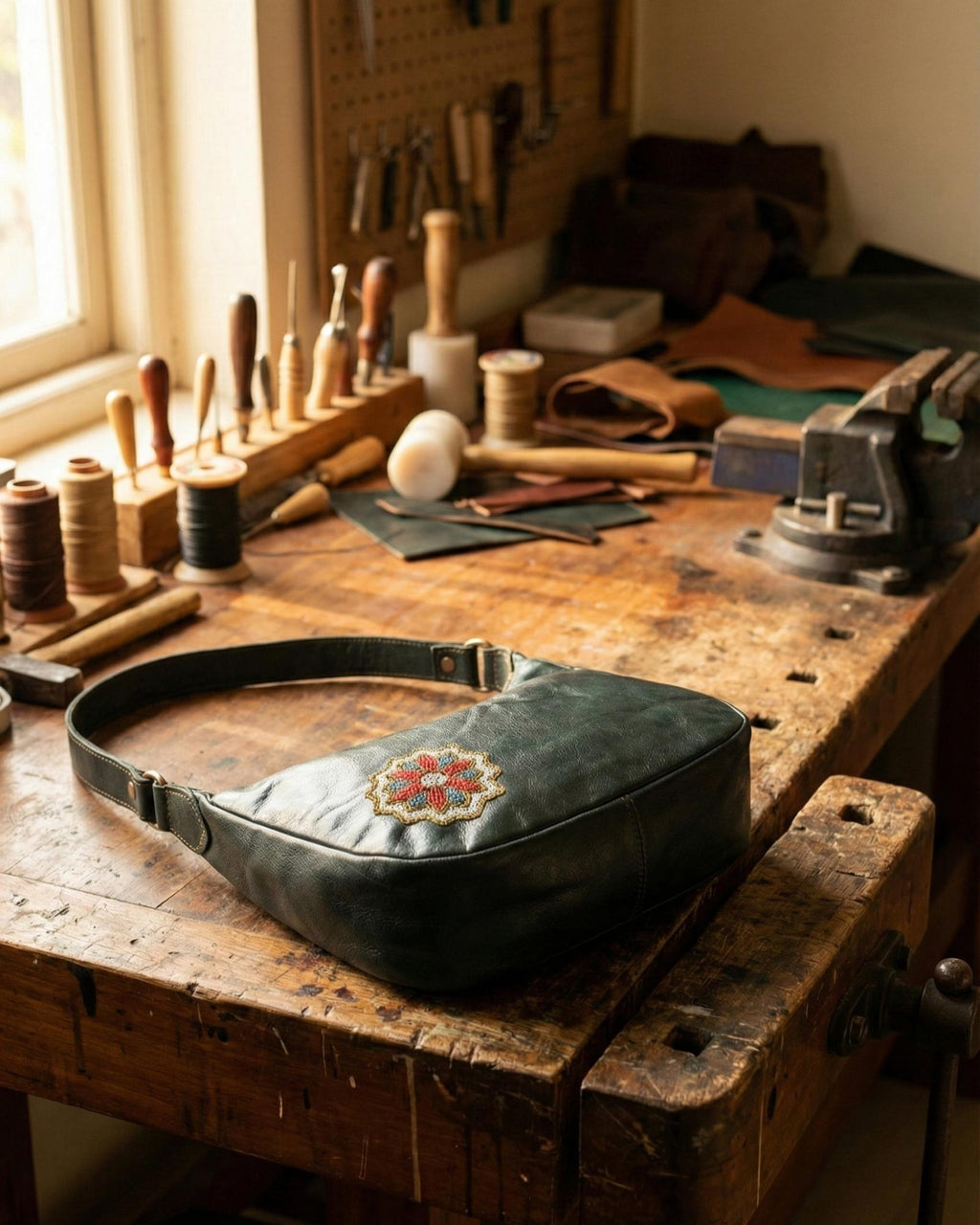 Real leather green color shoulder bag with Rajasthani mandala embroidery kashida