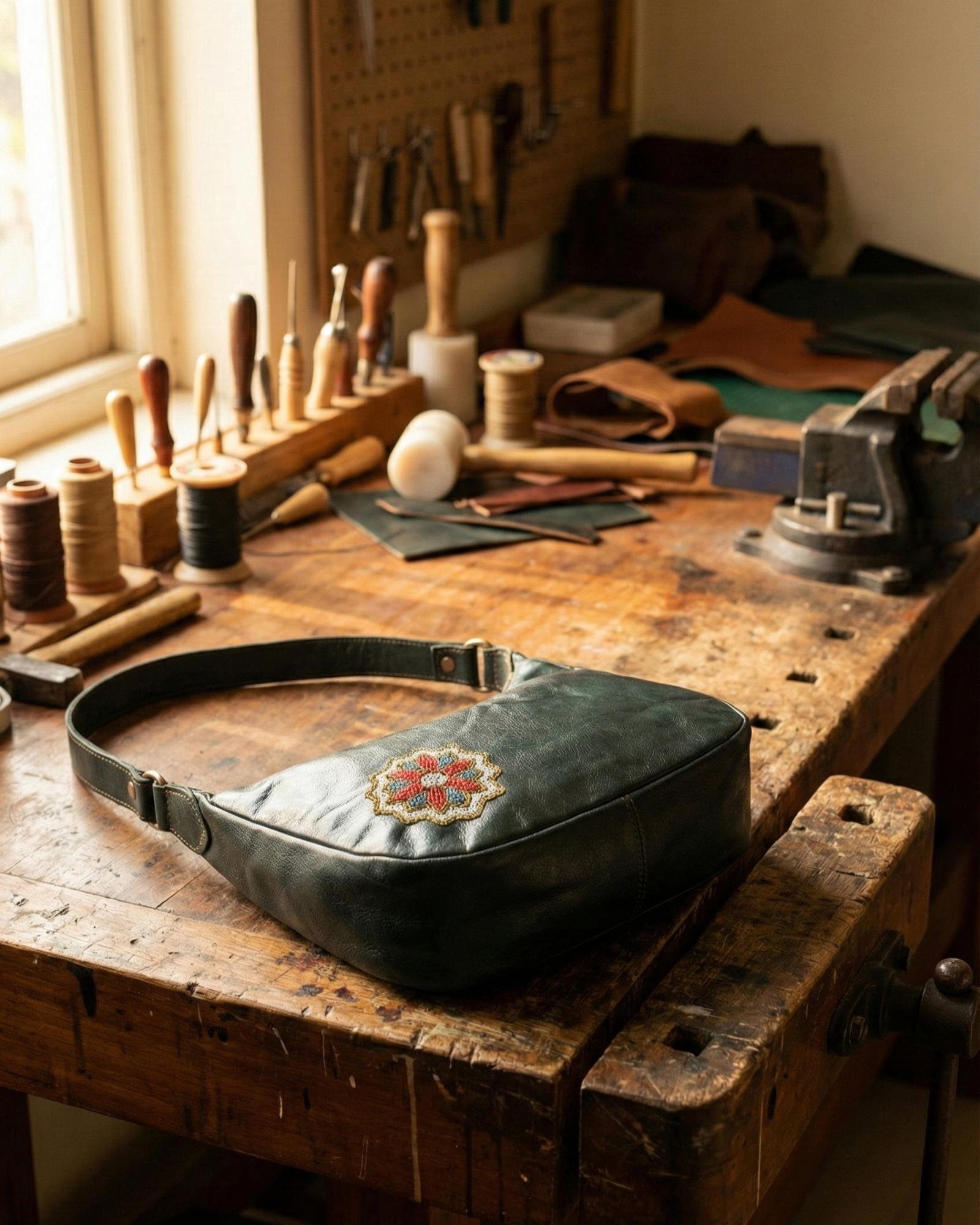 Real leather green color shoulder bag with Rajasthani mandala embroidery kashida
