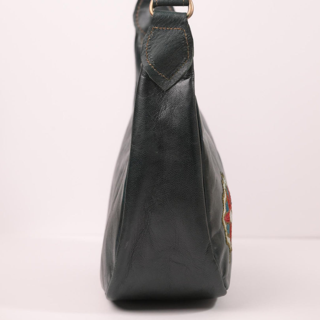 Green Dark olive leather shoulder bag with kashida