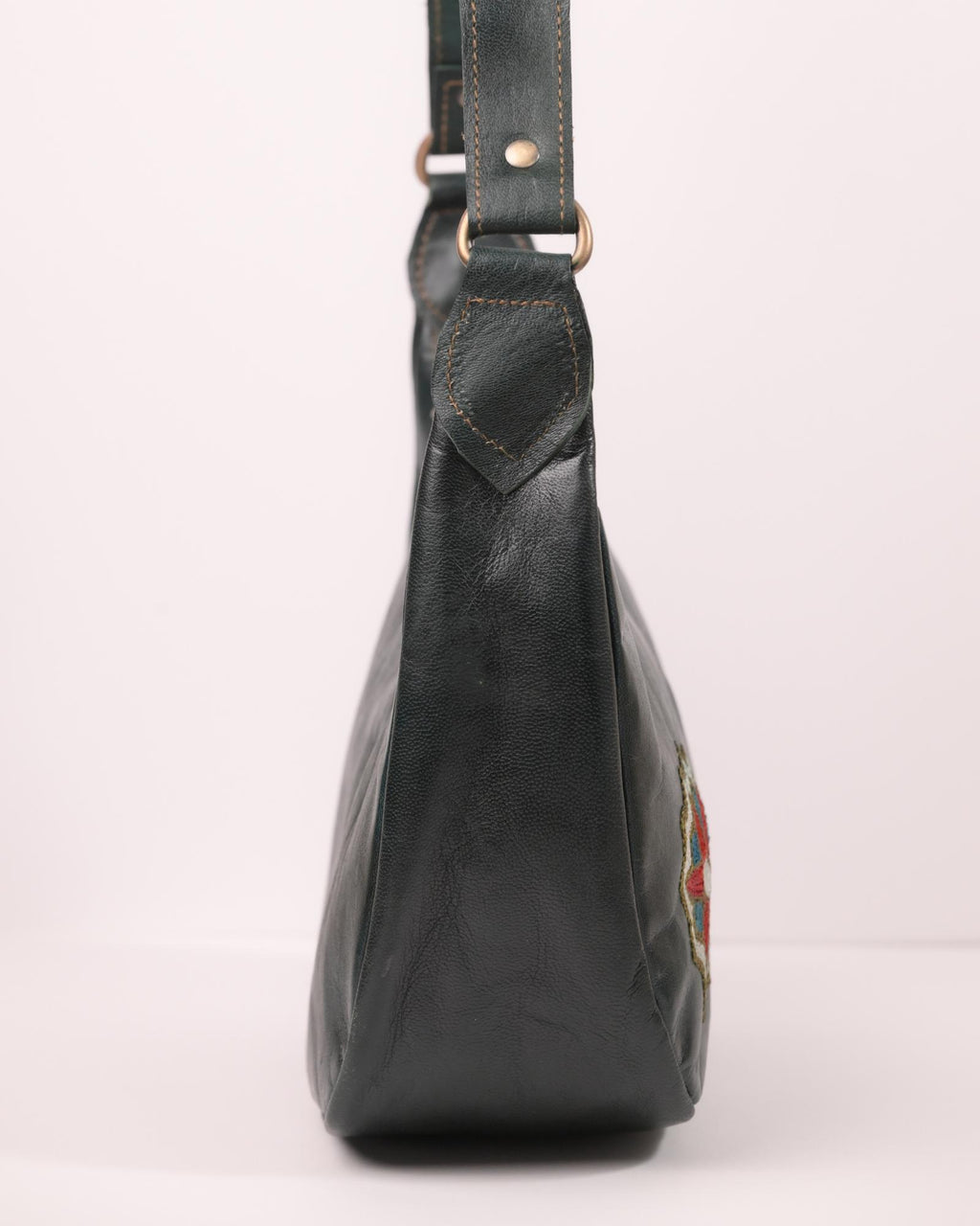 Real leather green color shoulder bag with Rajasthani mandala embroidery kashida