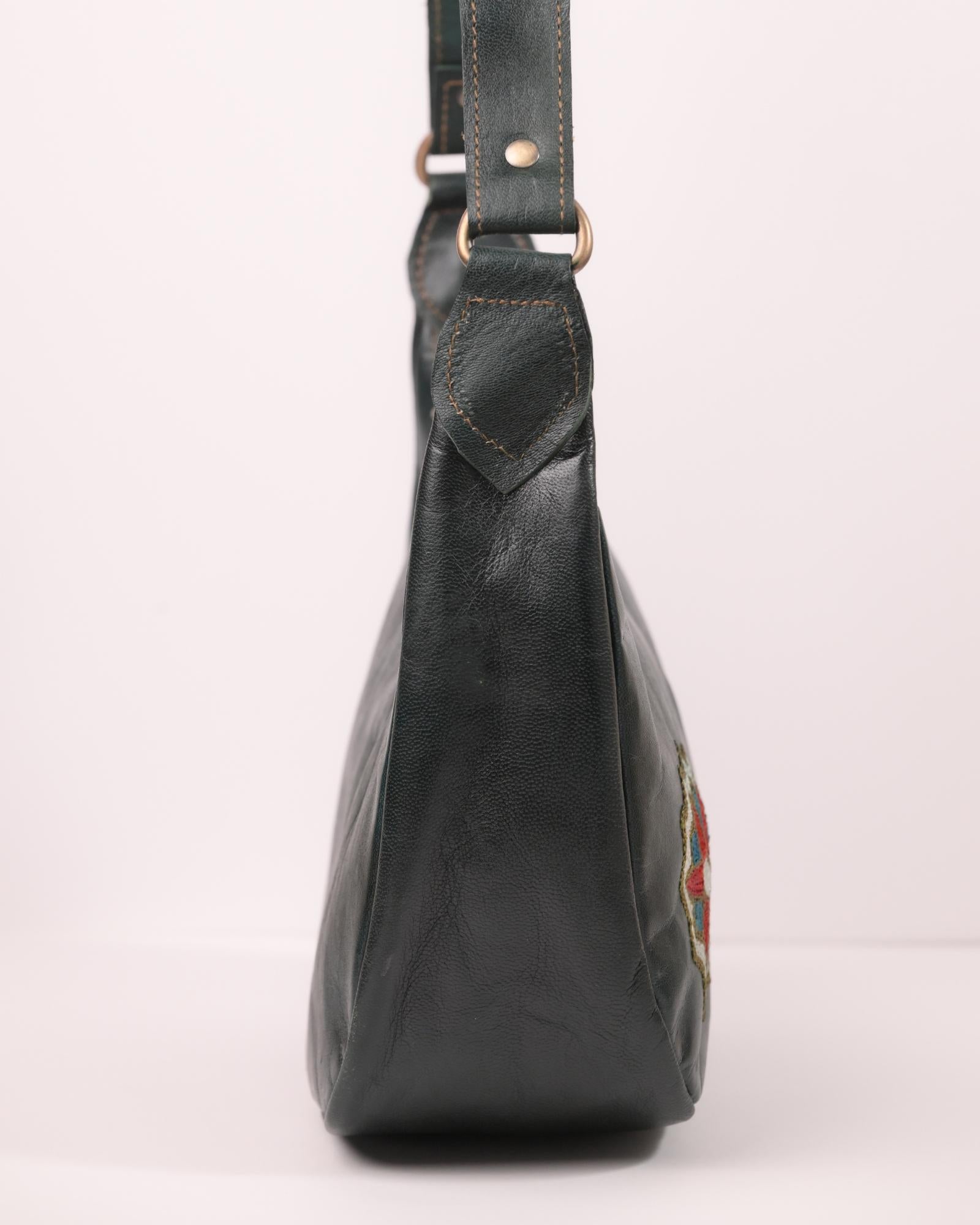 Real leather green color shoulder bag with Rajasthani mandala embroidery kashida