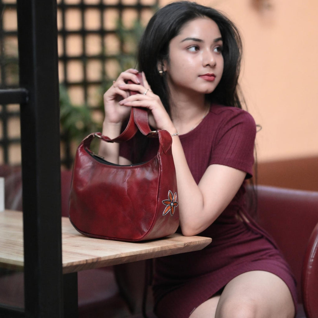 Cherry red leather shoulder bag for women with kashida