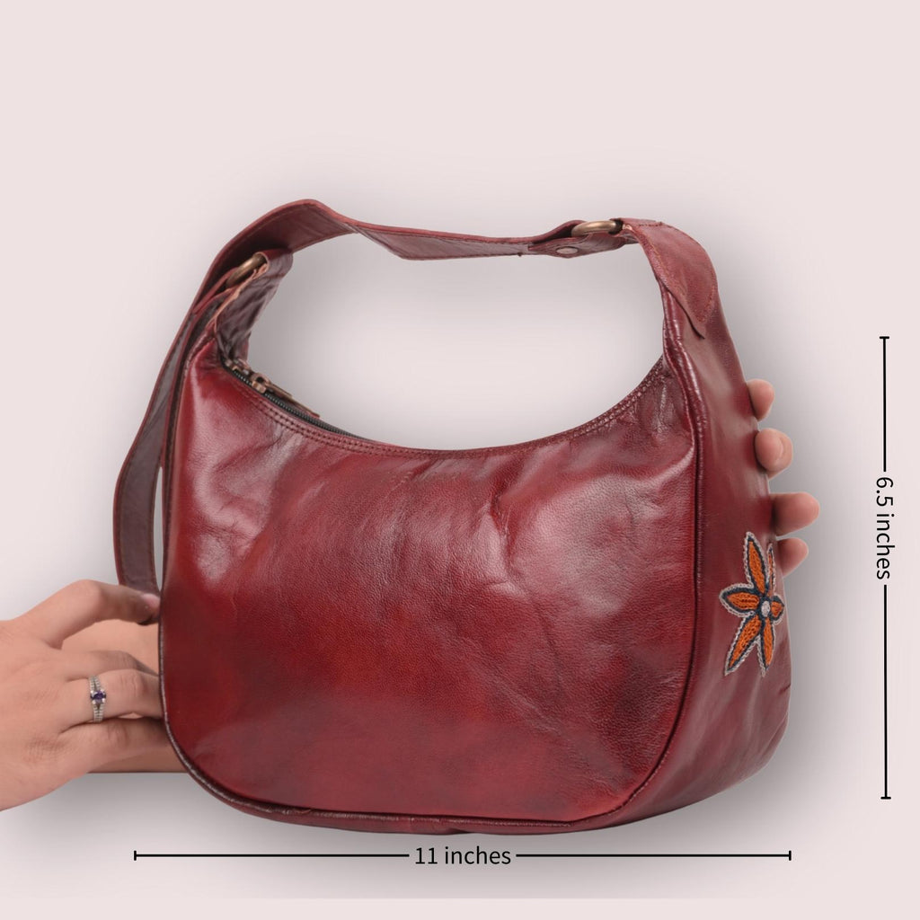 Cherry red leather shoulder bag for women with kashida