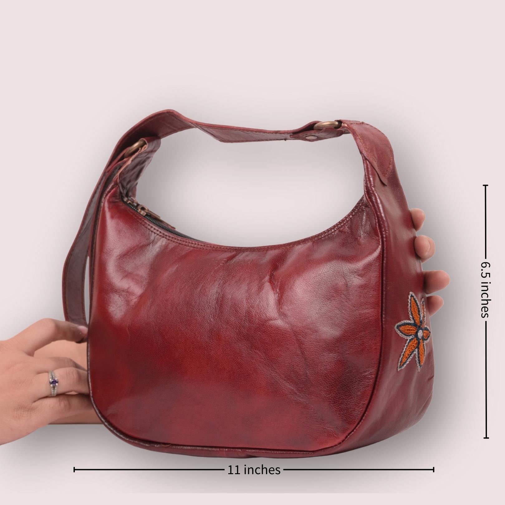 Cherry red leather shoulder bag for women with kashida