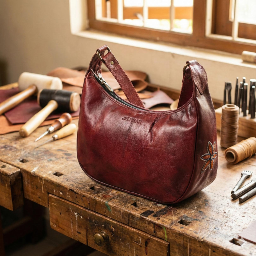 Cherry red leather shoulder bag for women with kashida