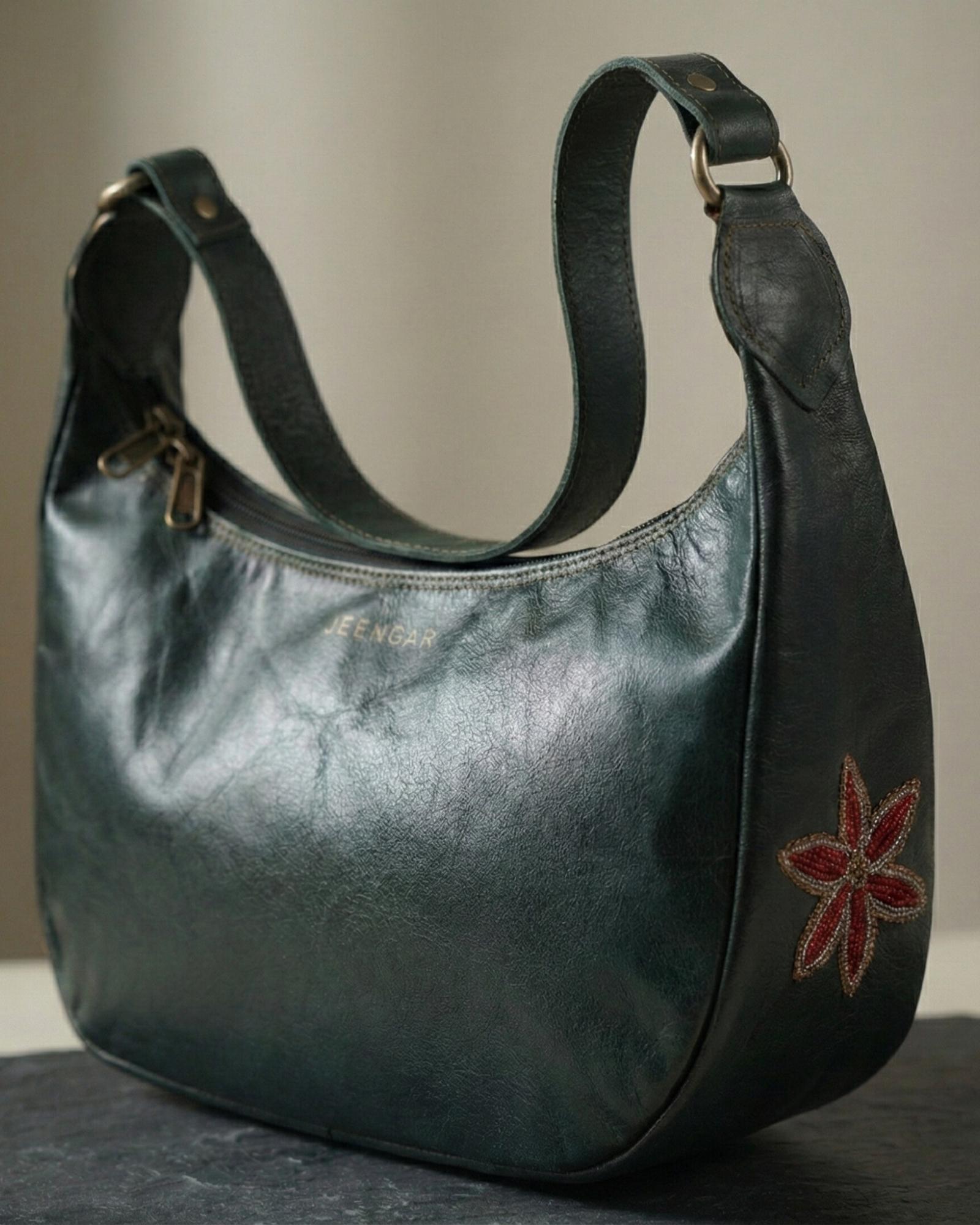 Green olive real leather shoulder bag for stylish ladies